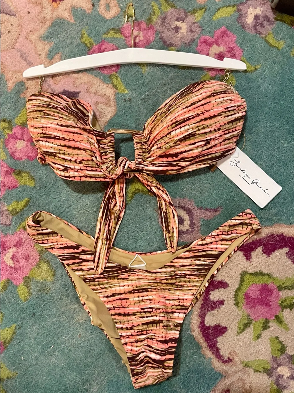 Tie-Front Coral Multi-Stripe Bikini Set